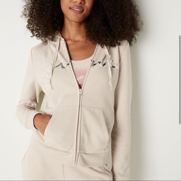 PINK Victoria's Secret Tops - Victoria’s Secret PINK NWT Everyday Lounge Full Zip Vanilla Bean Silver Foil XS